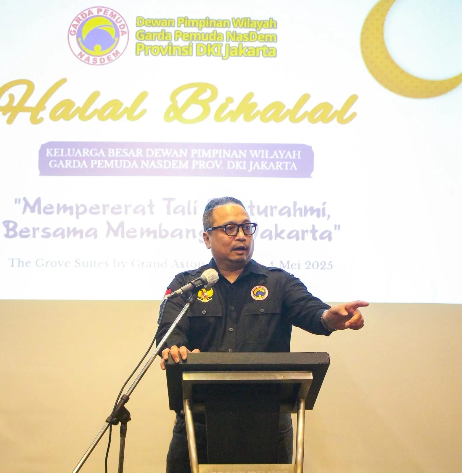 GARDA PEMUDA NASDEM - Ketua Pemuda dan Olahraga DPP NasDem yang juga Ketua Garda Pemuda NasDem DPW DKI Jakarta Nova Harivan Paloh dalam halal bihalal yang digelar pihaknya di Kuningan, Jakarta Selatan, Minggu (4/5/2025).